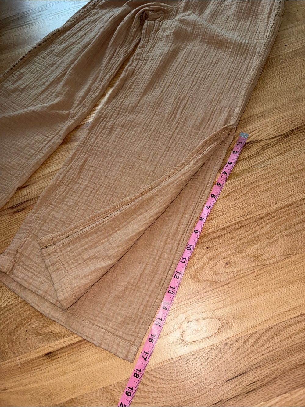 Aerie 100% Cotton Gauze Wide Leg Pants Elastic Waist Bottom Slit Tan Comfy M - Picture 6 of 9